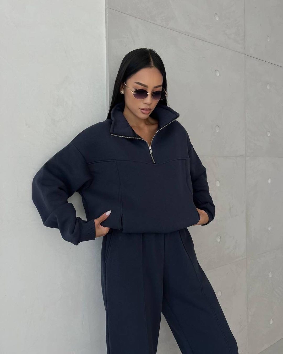 Y2K Winter Jogging Women Two Piece Set Female Zipper Coat Casual Pants Tracksuit Autumn Jacket Fashion Contrast Sport Wear Set – Navy Blue