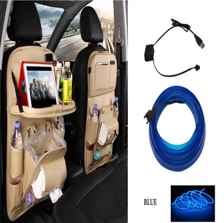 PU Leather Car Storage Bag Multifunction Seat Back Tray Hanging Bag Waterproof Car Organizer Automotive Interior Accessories – Beige set2
