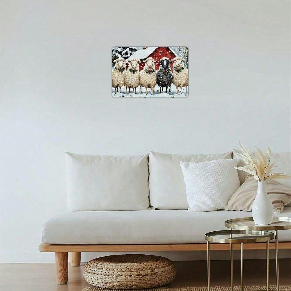 Christmas Red House Sheep Metal Iron Sign, Rustic Winter Snow Wall Decor 12x8 – view 8