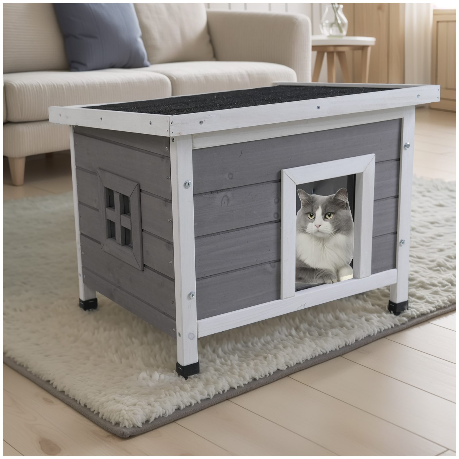 Cat House Waterproof Feral Kitty Shelter Outdoor Indoor Rabbit Hutch For Bunnies,Cats,Dogs And Other Small Animals,Asphalt Roof – Gray