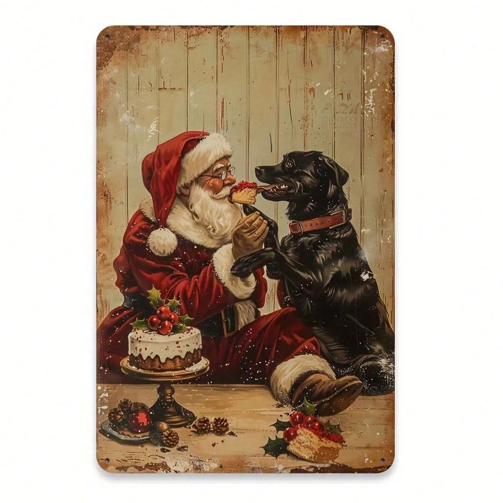 Vintage Santa Claus And Puppy Metal Tin Sign, Sign, Retro Christmas Wall Decor 8x12 – view 5