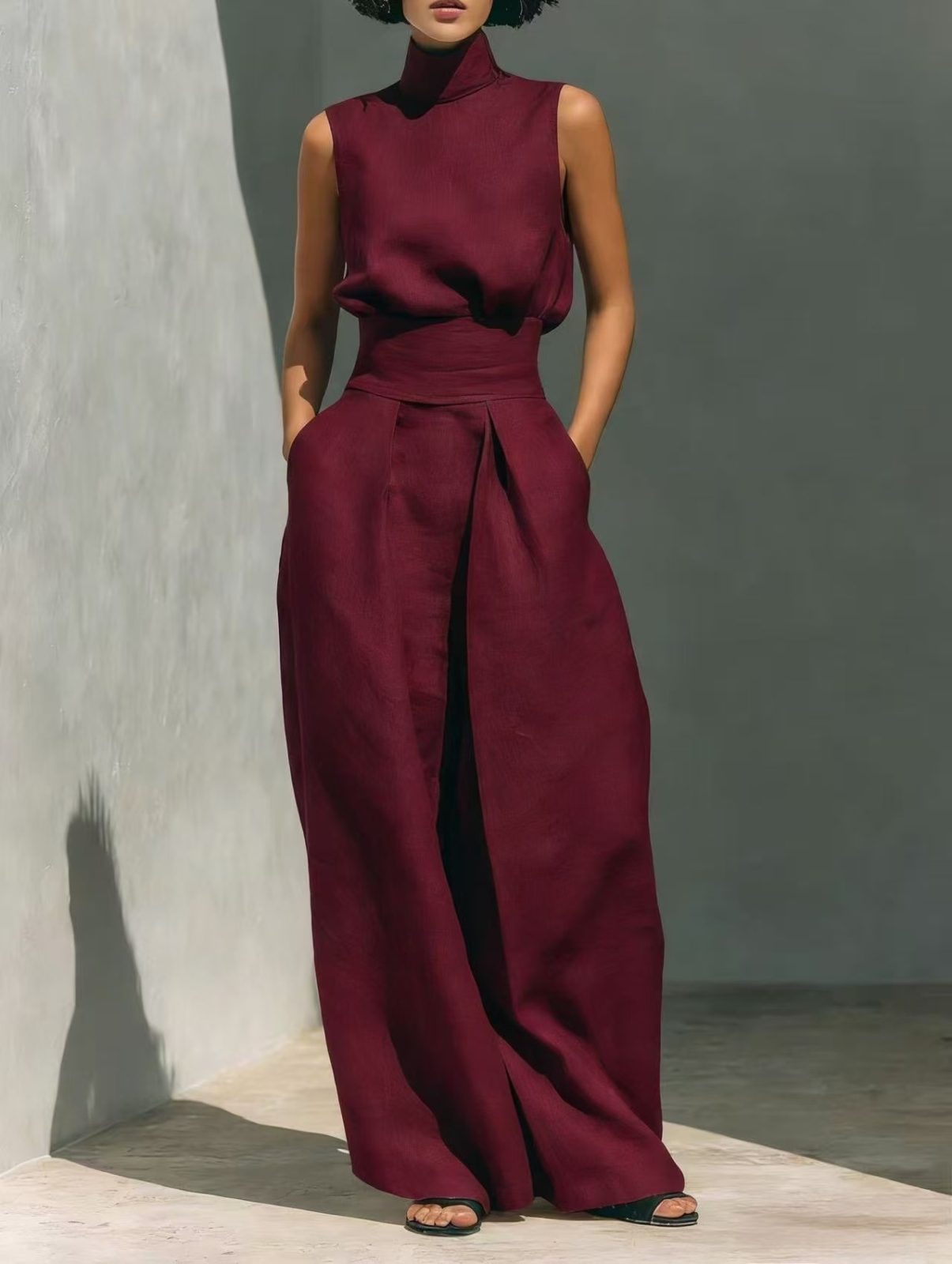 Casual Sleeveless Suit Summer Stand-up Collar Pullover Top And Loose Straight-leg Trousers Women's Clothing – Wine Red