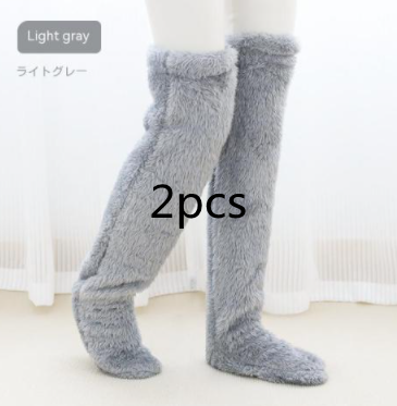 Over Knee High Fuzzy Long Socks Winter Warm Cold Leg Knee Joint Cold-proof Stockings Home Floor Sleeping Socks – Silver Gray2pcs