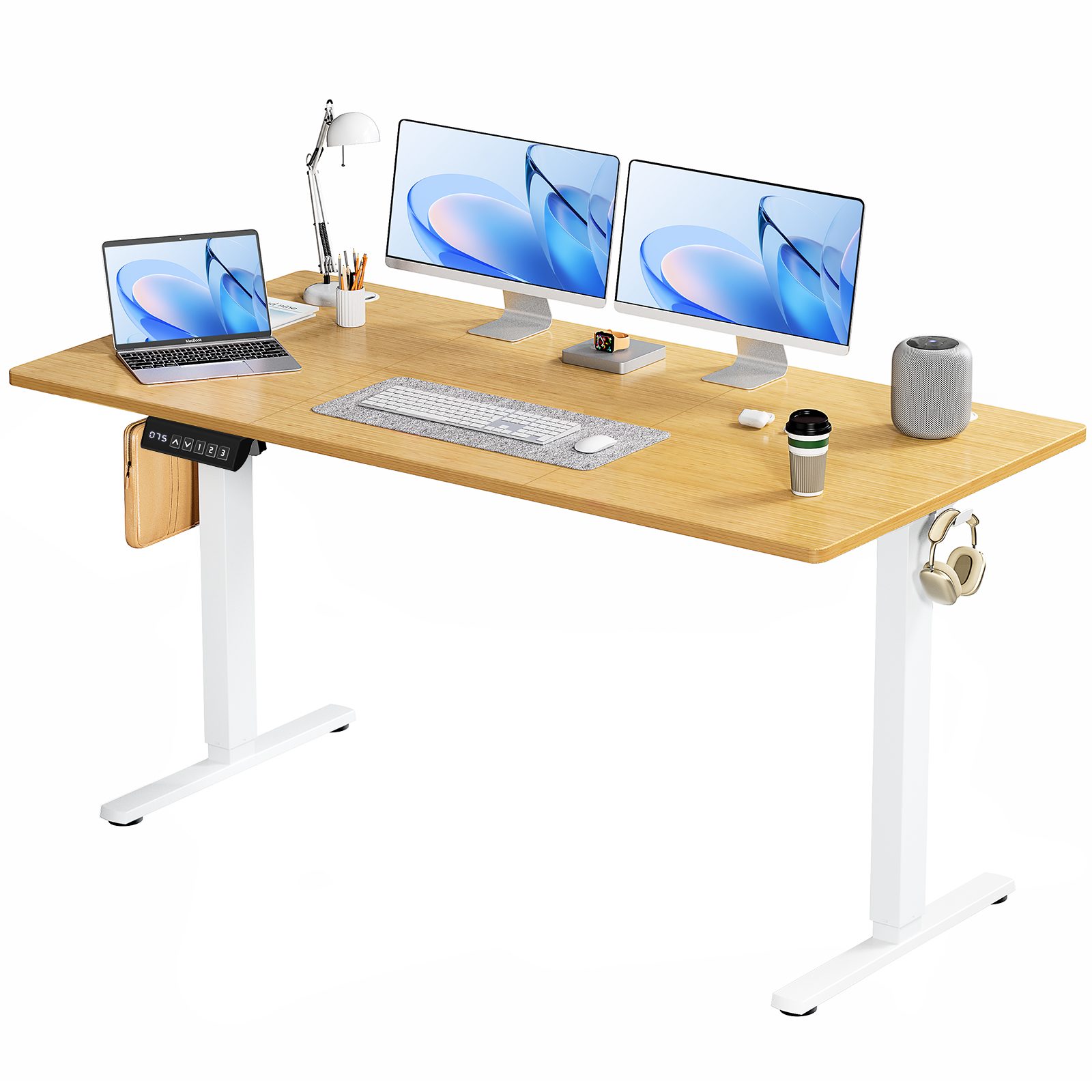 Electric Adjustable Height Standing Desk Sit To Stand Up Desk With Splice Board, Rising Home Office Computer Table With 2 Hook And Wire Hole For Work – Yellow63x24
