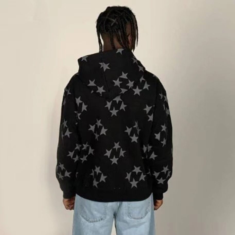 Stars Printed Zipper Hooded Cardigan Couple Fashion Outerwear Hoodies Sweatshirt Street Men Women Coat – Black