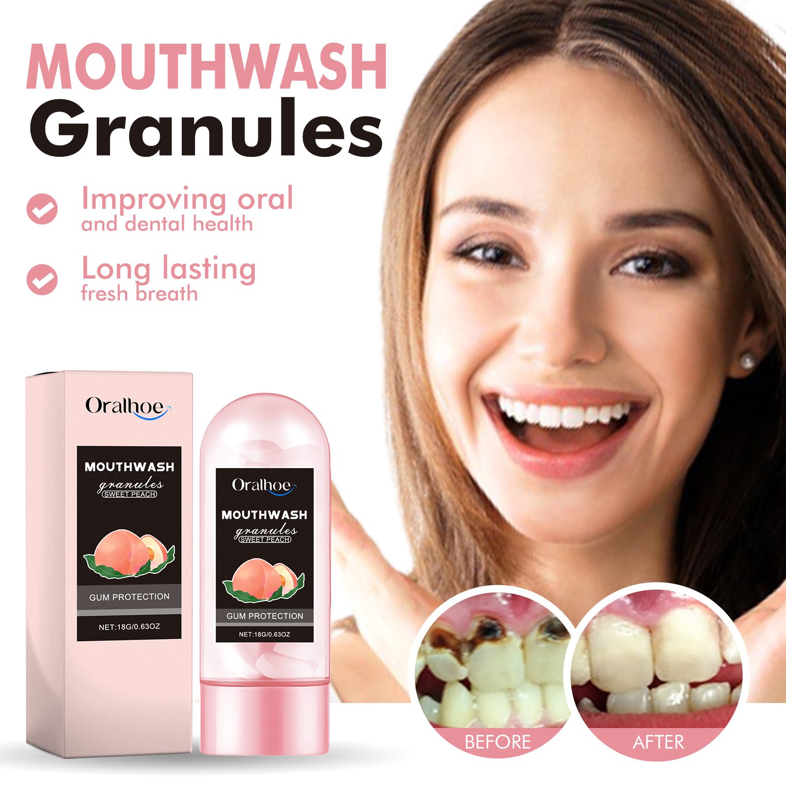 Oralhoe Peach Flavor Teeth Cleaning Mouthwash Pellets Breath Long Lasting Fragrance Clean Gums Portable Mouthwash Pellets – view 4