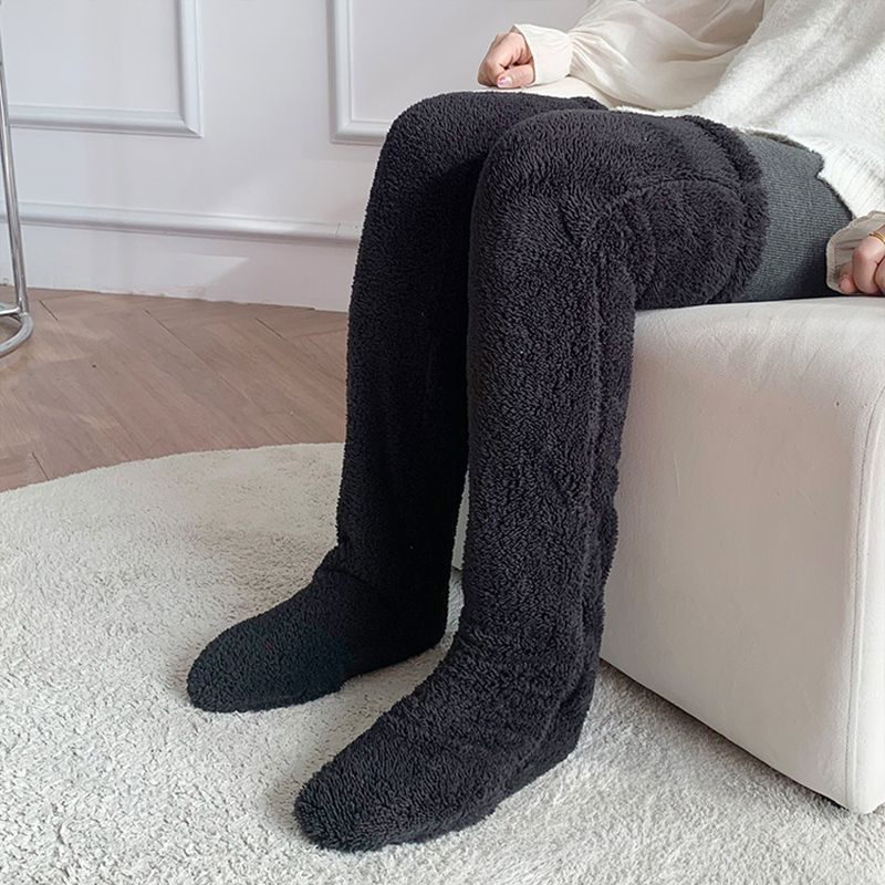 Over Knee High Fuzzy Long Socks Winter Warm Cold Leg Knee Joint Cold-proof Stockings Home Floor Sleeping Socks – Black