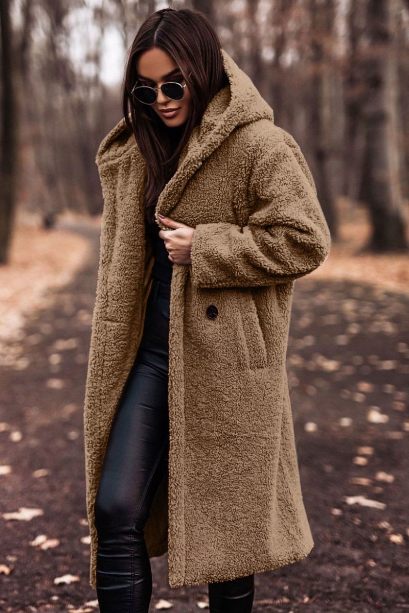 Elegant Long Coat Woman Plush Warm Faux Fleece Coat Autumn Winter Fashion Teddy Jacket Female Teddy Coat Outwear Ladies – Camel