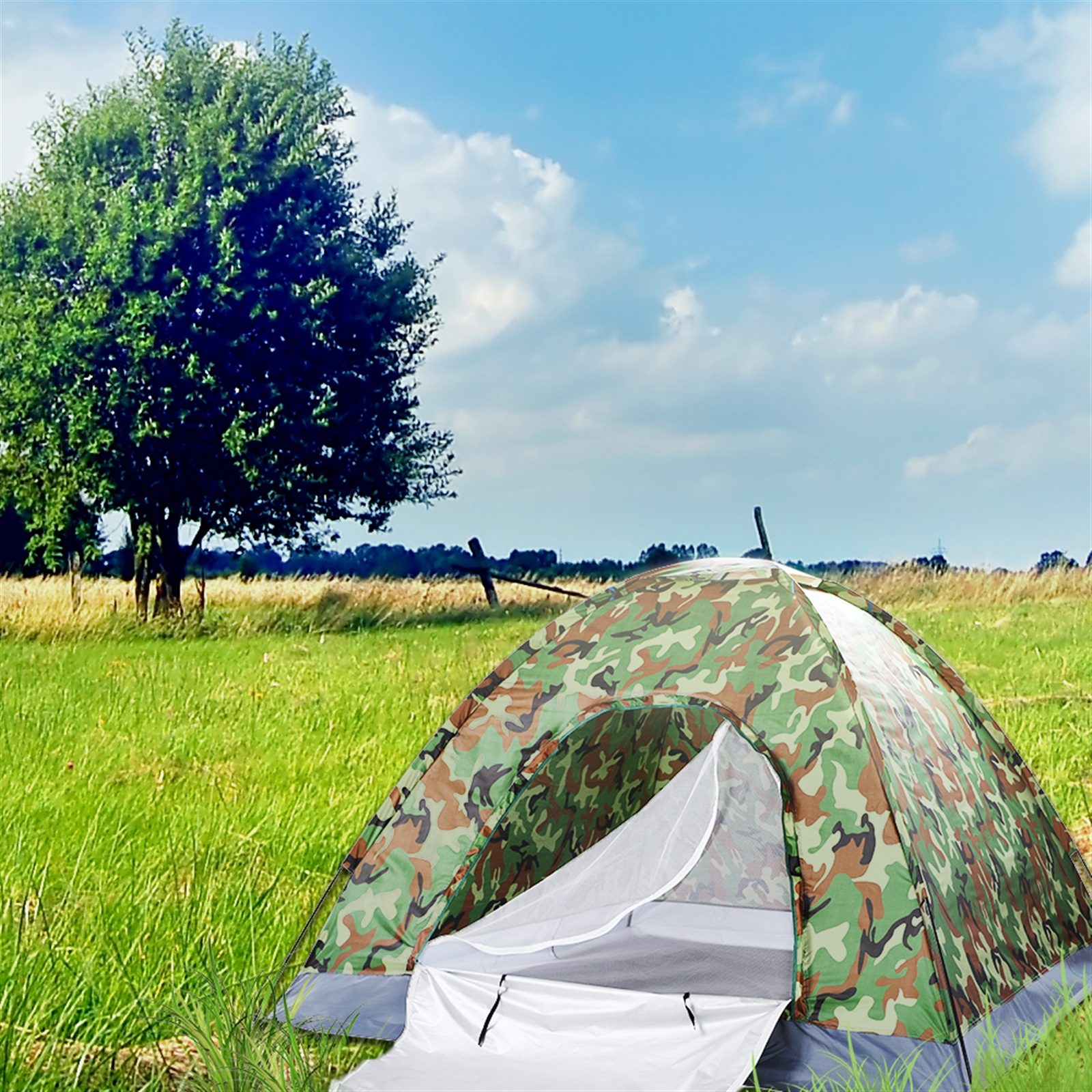 3-4 People Camouflage Portable Camping Tent With Silver Tape And Fiberglass Pole – Camouflage