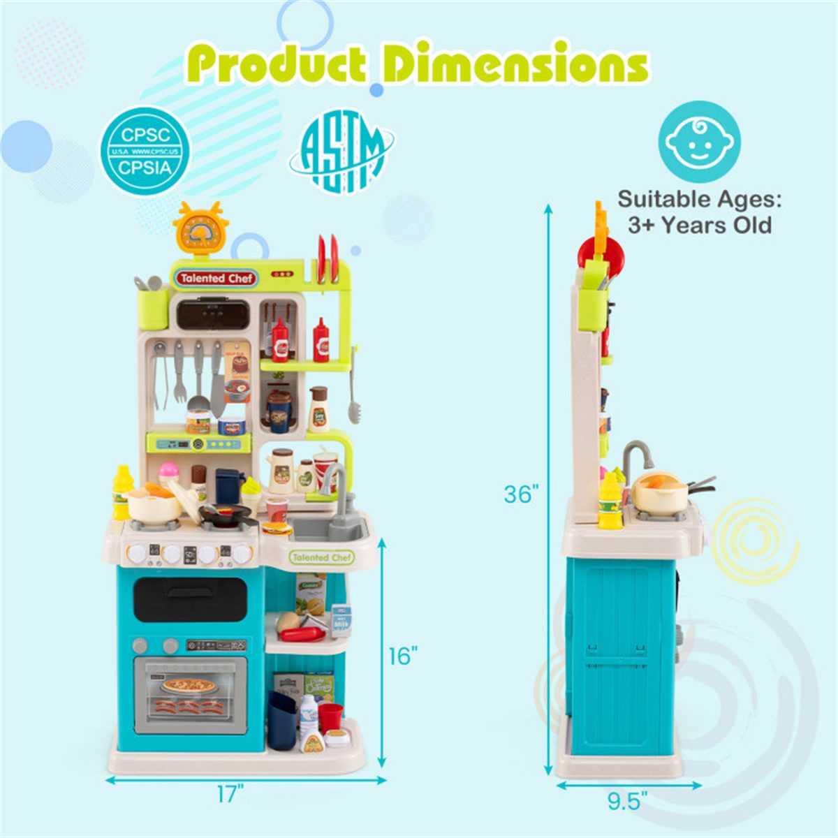 Blue Kids Corner Play Kitchen with Realistic Sounds, Lights & Steam, 95PCS Accessories Pretend Cooking Set for Ages 3+ – view 6