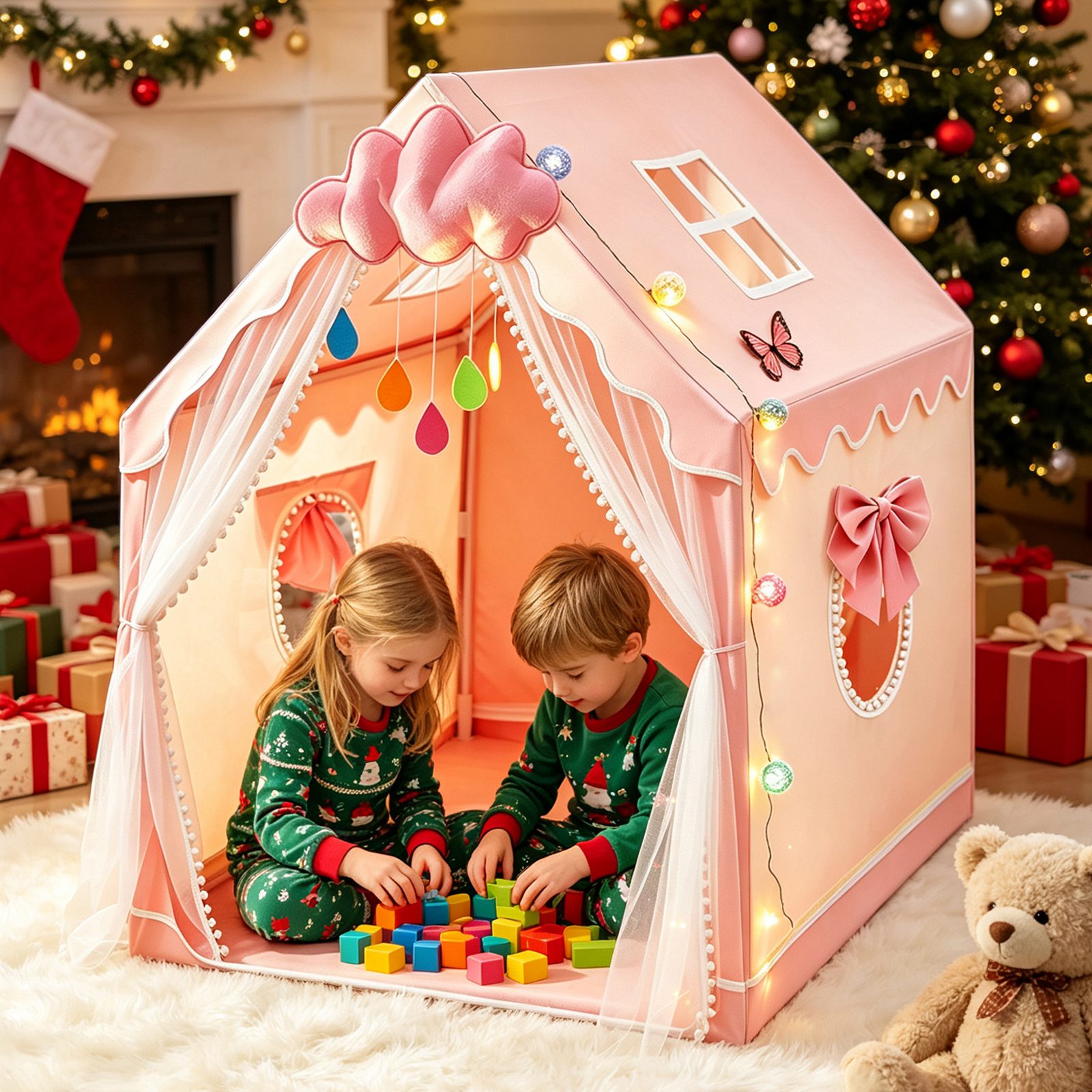 Kids Play Tent For Girls With Globe String Lights,Pink Princess Playhouse – view 3