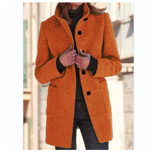 Fashion Stand Collar Woolen Coat With Pockets Fall Winter Casual Button Outwear For Women Clothing – Orange