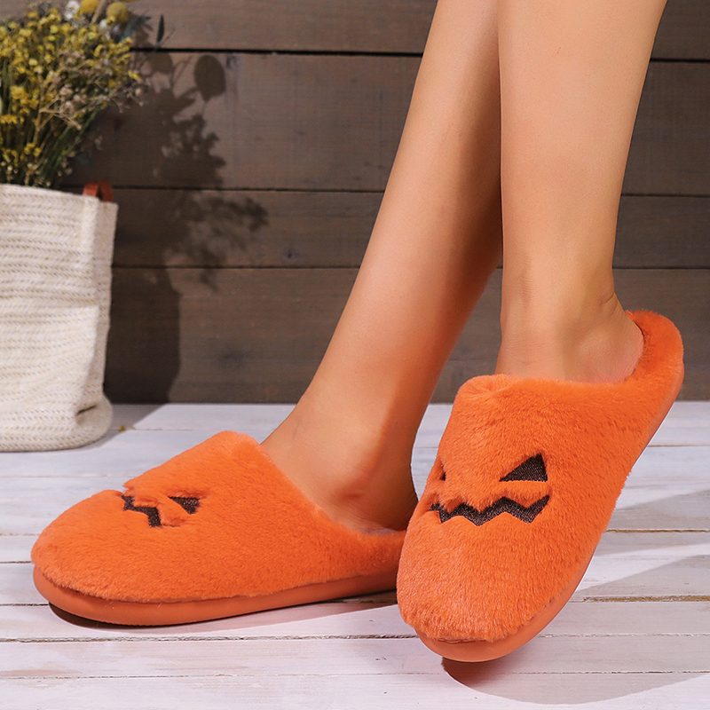 Cute Halloween Pumpkin Slippers Winter Warm Plush Bedroom Floor Home Slippers Casual Slip On Comfortable Cozy Indoor House Shoes – view 3