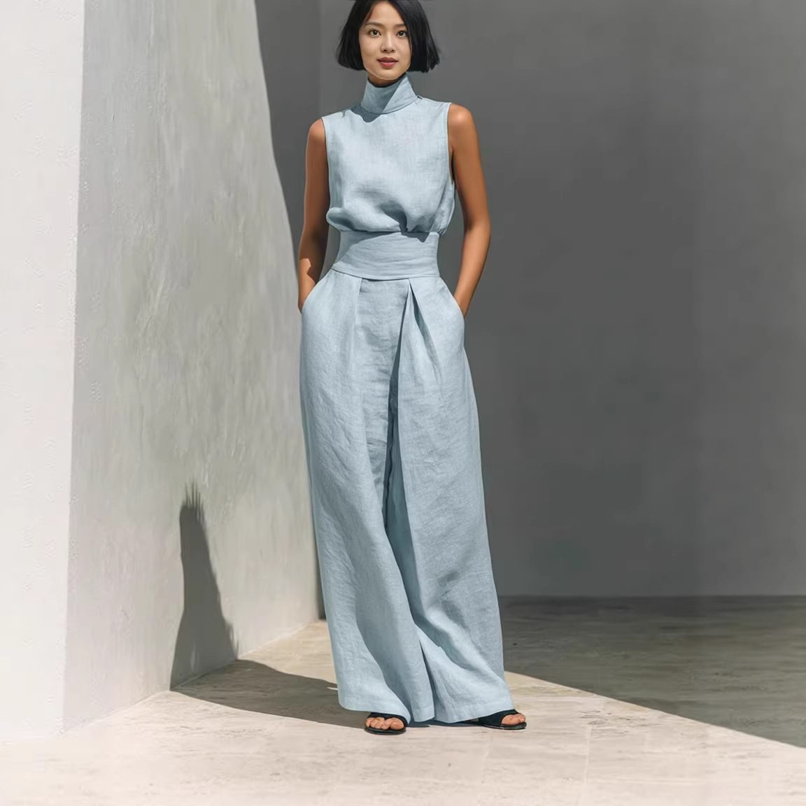 Casual Sleeveless Suit Summer Stand-up Collar Pullover Top And Loose Straight-leg Trousers Women's Clothing – view 18