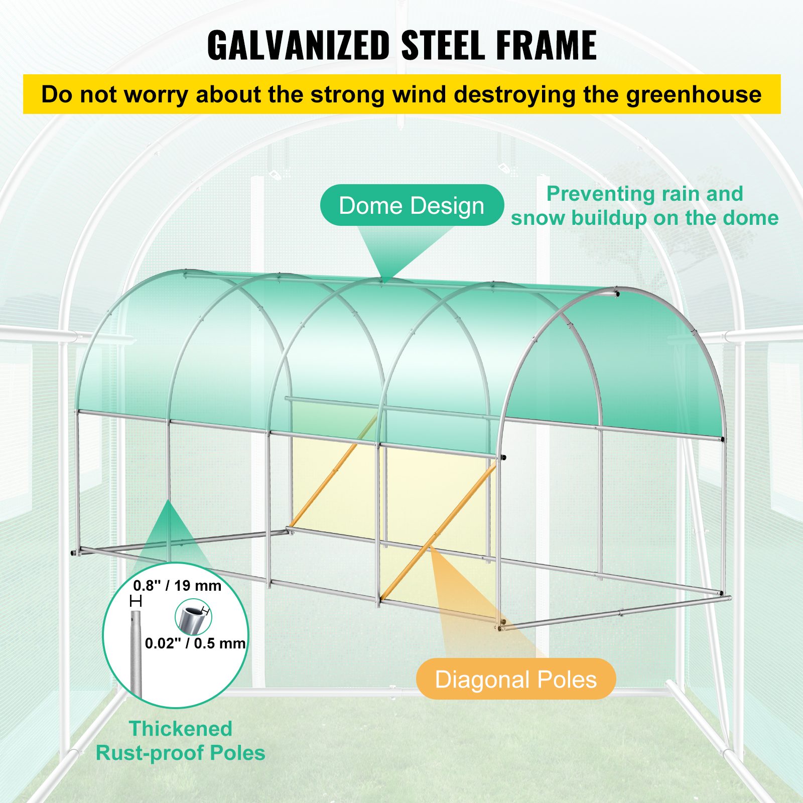 VEVOR Walk-in Tunnel Greenhouse, 15 X 7 X 7 Ft Portable Plant Hot House W Galvanized Steel Hoops, 1 Top Beam, Diagonal Poles, Zippered Door & 8 Roll-up Windows, Green – view 4