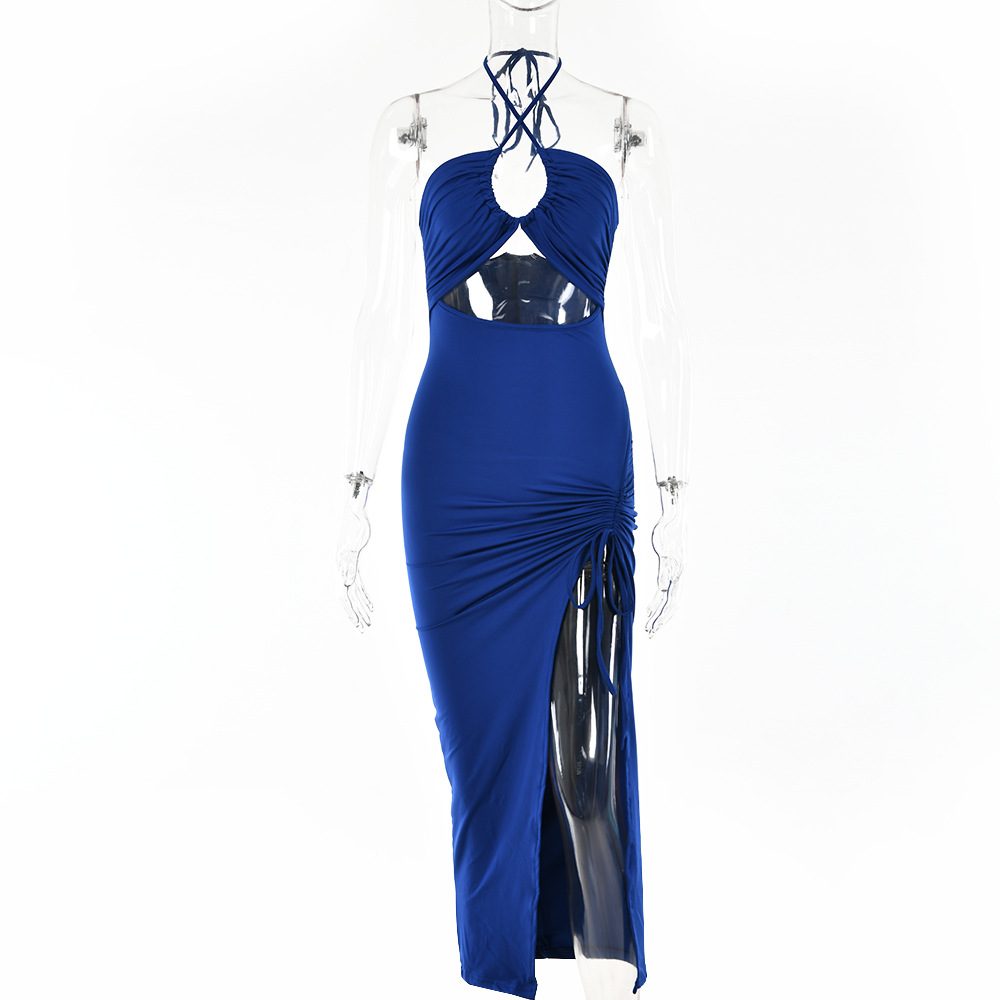 Sexy Halterneck Lace-up Split Dress Summer Y2K Fashion Party Baech Long Dresses For Womens Clotjing – Blue