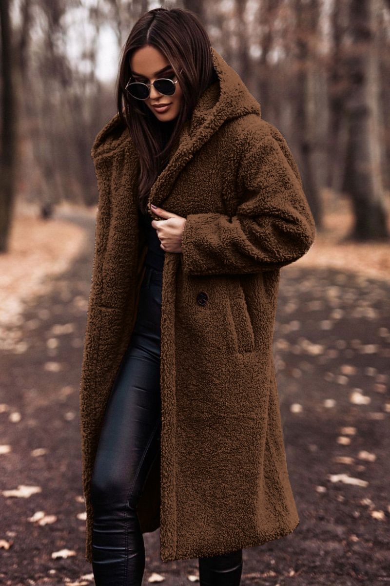 Elegant Long Coat Woman Plush Warm Faux Fleece Coat Autumn Winter Fashion Teddy Jacket Female Teddy Coat Outwear Ladies – Brown