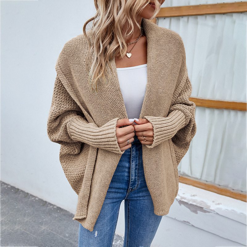 New Loose Knitted Sweater Solid Color Bat Sleeve Large Lapel Cardigan Autumn And Winter Fashion Jacket For Women Clothing – Khaki