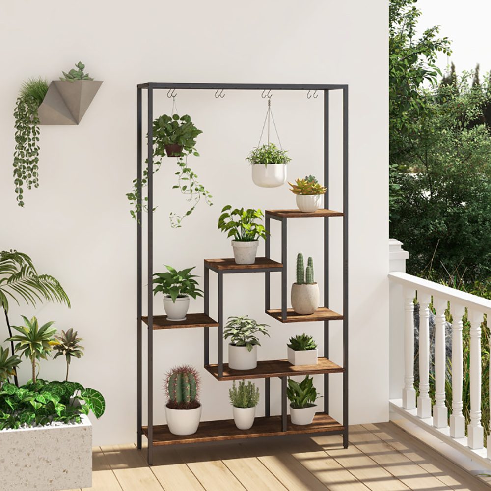 6-Tier Tall Plant Stand 71 Inch Metal Indoor Plant Shelf With 10 Hanging Hooks – Rustic Brown