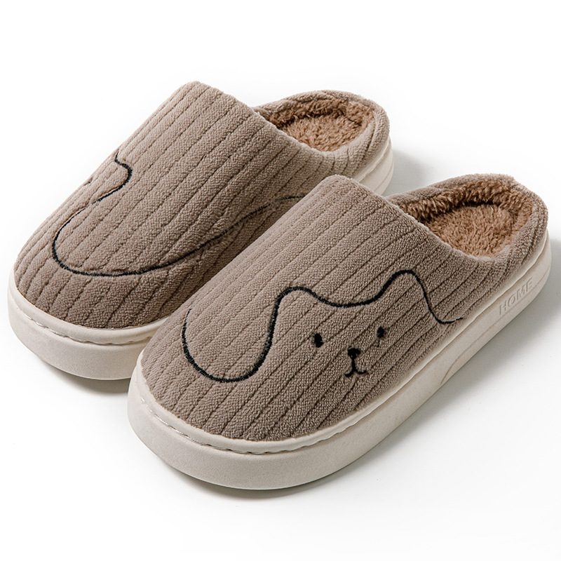 Striped Cat Slippers Indoor Couple Non-slip Floor Bedroom Slipper Winter Warm Plush House Shoes Women Men – Coffee