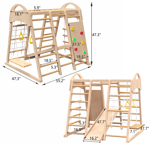 Indoor Playground 7-in-1 Jungle Gym Playset For Kids 2-6yrs - Slide, Climbing Wall, Rope Wall Climber, Monkey Bars, Swing - Waldorf And Montessori Style Wooden Climb Set. – view 5