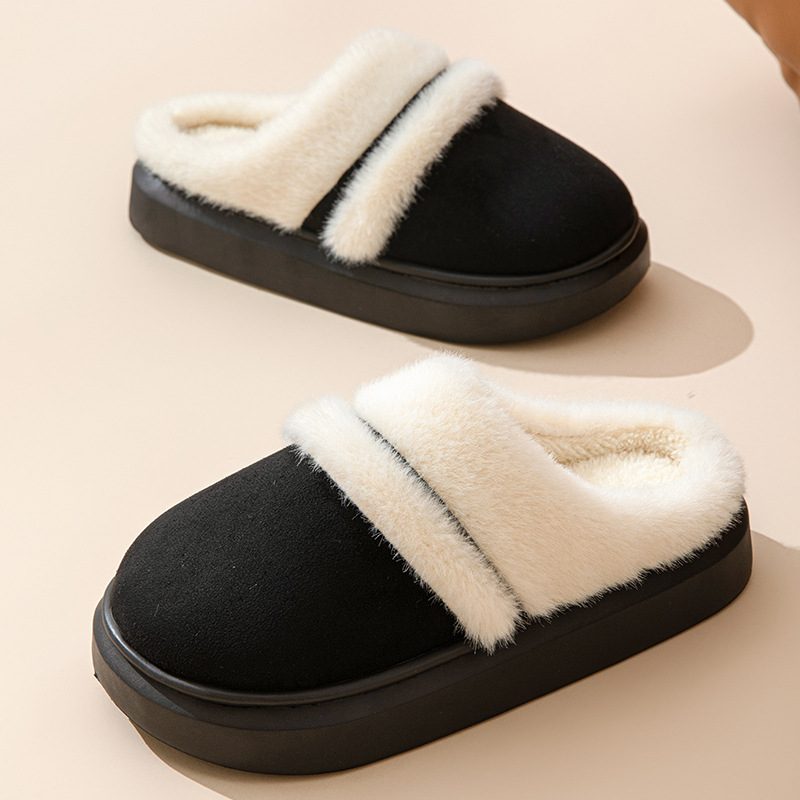 Fashion Warm Cotton Slippers For Women Leisure Thick Bottom Non-slip Plus-velvet House Shoes Winter Bedroom Floor Suede Slipper – Black