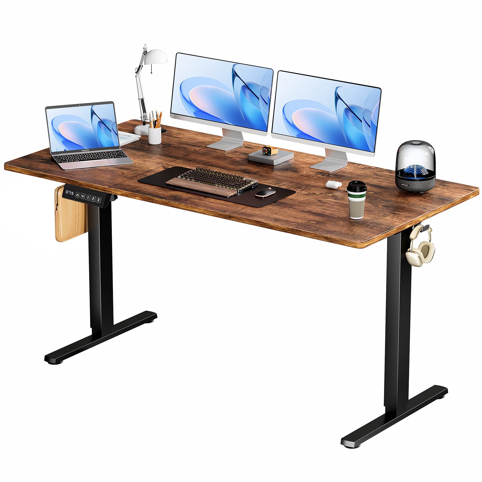 Electric Adjustable Height Standing Desk Sit To Stand Up Desk With Splice Board, Rising Home Office Computer Table With 2 Hook And Wire Hole For Work – Brown63x24