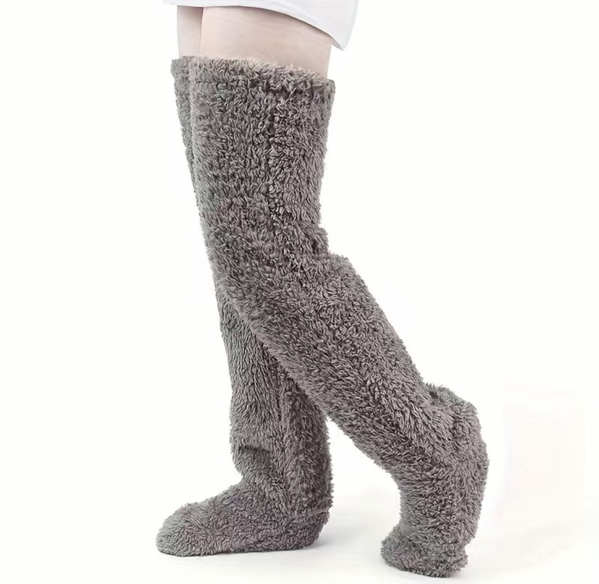 Over Knee High Fuzzy Long Socks Winter Warm Cold Leg Knee Joint Cold-proof Stockings Home Floor Sleeping Socks – Grey