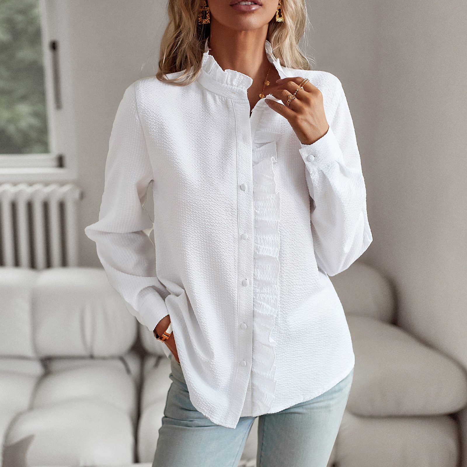 Striped Long Sleeve Shirt Fashion Ruffle Design Button Up Tops Casual Office Blouse Elegant Commuting Women's Clothing – White