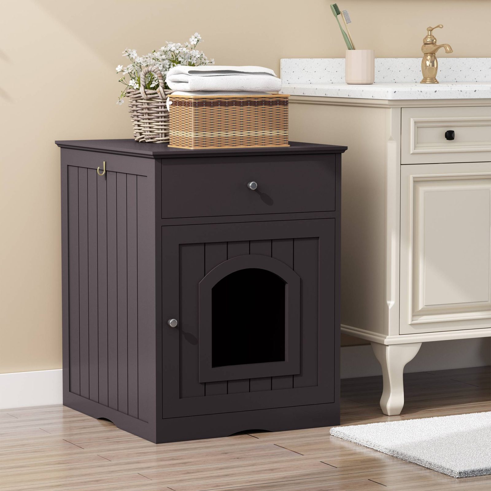 Wooden Pet House Cat Litter Box Enclosure With Drawer, Side Table Indoor Pet Crate – view 7