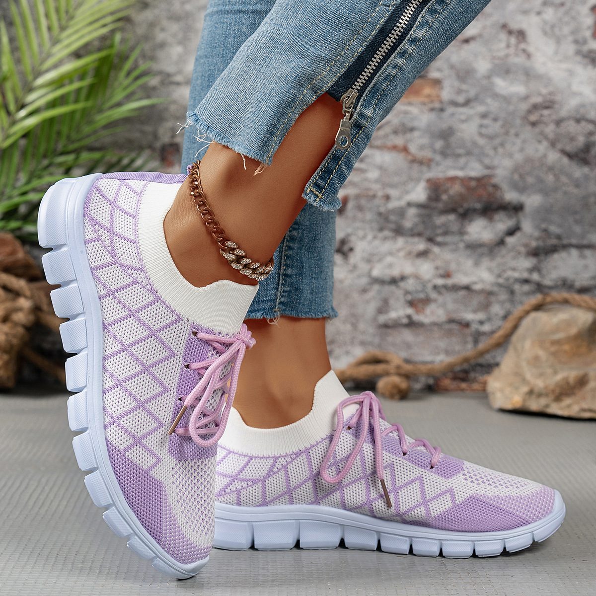 Colorblock Plaid Lace-Up Flyknit Sneakers Ins Mesh Casual Shoes Fashion Breathable Walking Running Sports Shoes For Women – view 11
