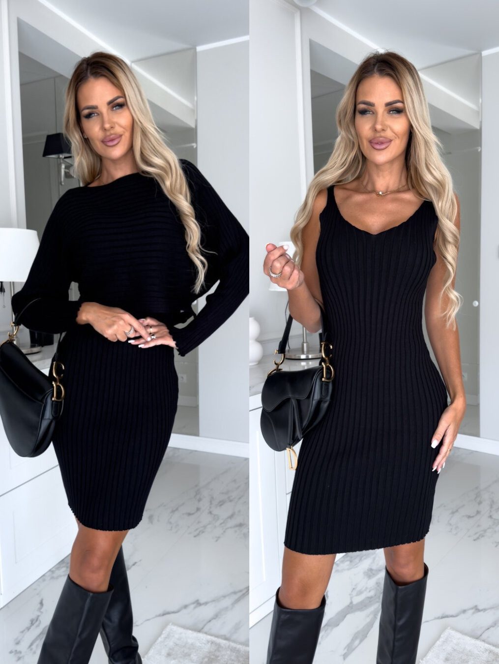 2pcs Suit Women's Solid Stripe Long-sleeved Top And Tight Suspender Skirt Fashion Autumn Winter Slim Clothing – Black