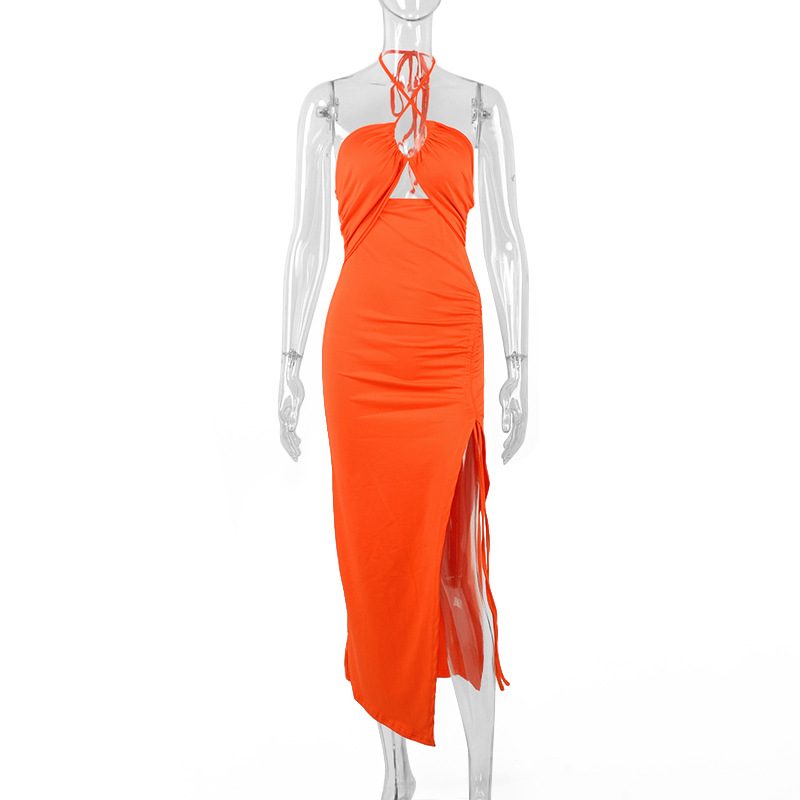 Sexy Halterneck Lace-up Split Dress Summer Y2K Fashion Party Baech Long Dresses For Womens Clotjing – Orange