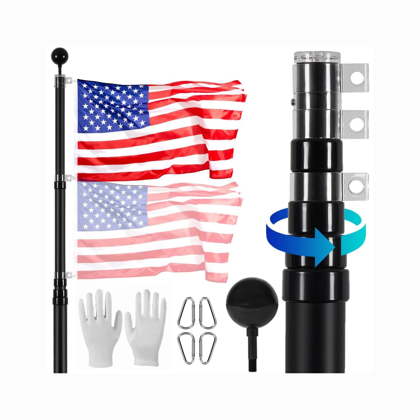 25FT Telescoping Flagpole Kit, 3 Display Modes with 3x5 American Flag & Professional Accessories, Black – view 2