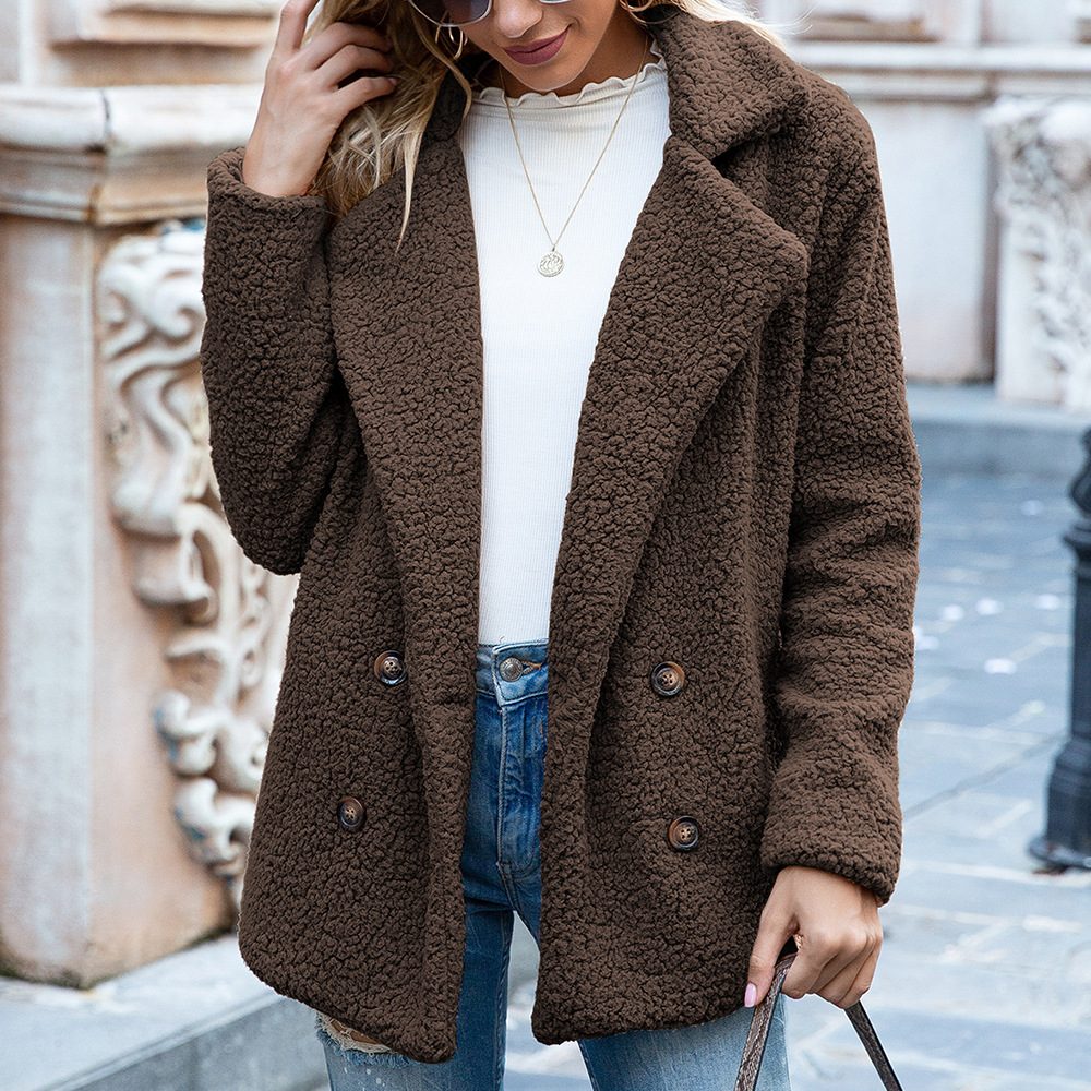 Loose Lapel Fluffy Coat Winter Button Jacket Cardigan Outwear For Women Clothing – Coffee