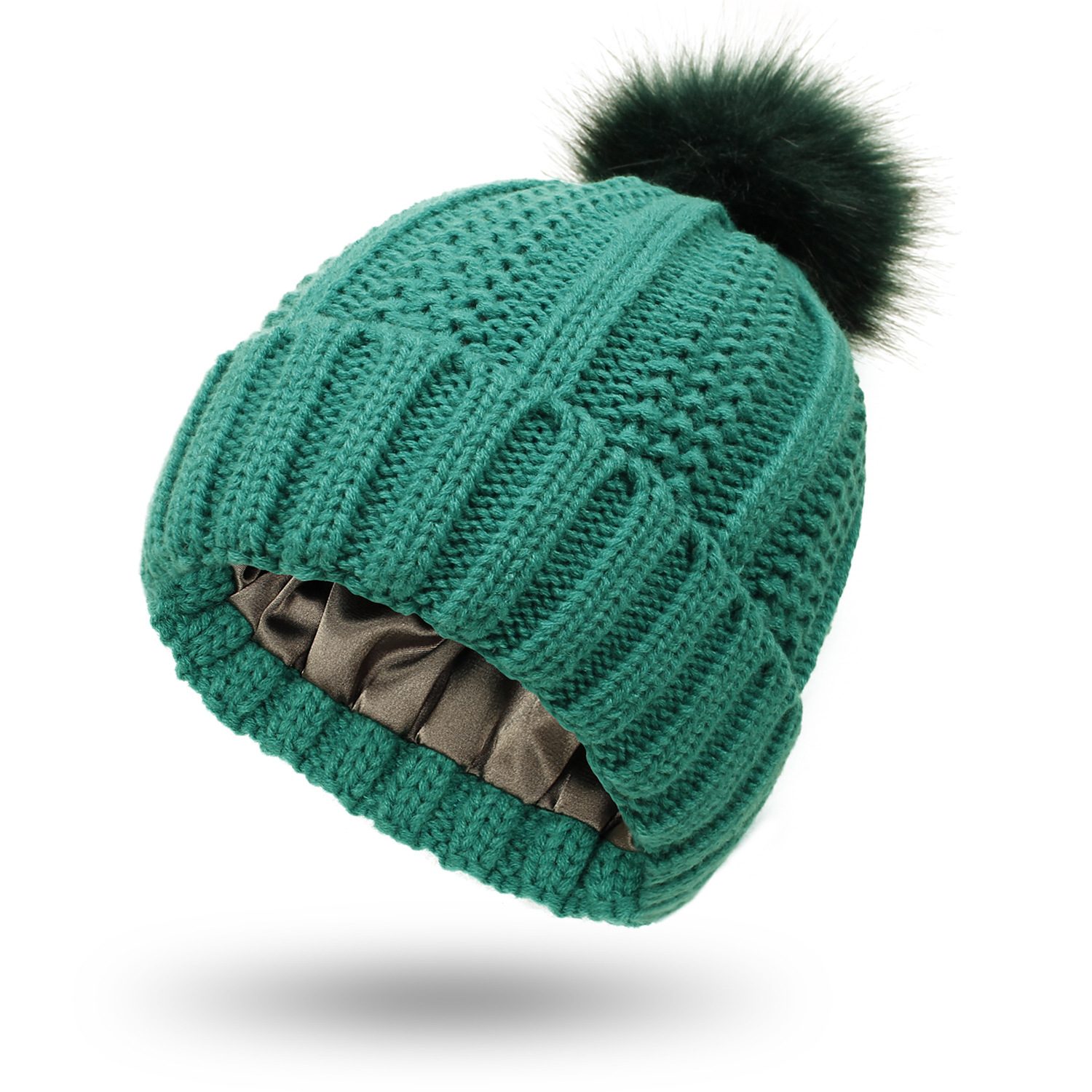 Winter Knitted Hats Fashion Stretchy Lined Skull Hats For Women Faux Fur Pom Pom Hat Keep Warming Beanie Hat – Green