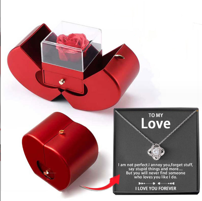Fashion Jewelry Box Red Apple Christmas Gift Necklace Eternal Rose For Girl Mother's Day Valentine's Day Gifts With Artificial Flower Rose Flower Jewelry Box – LOVER necklace silver card box