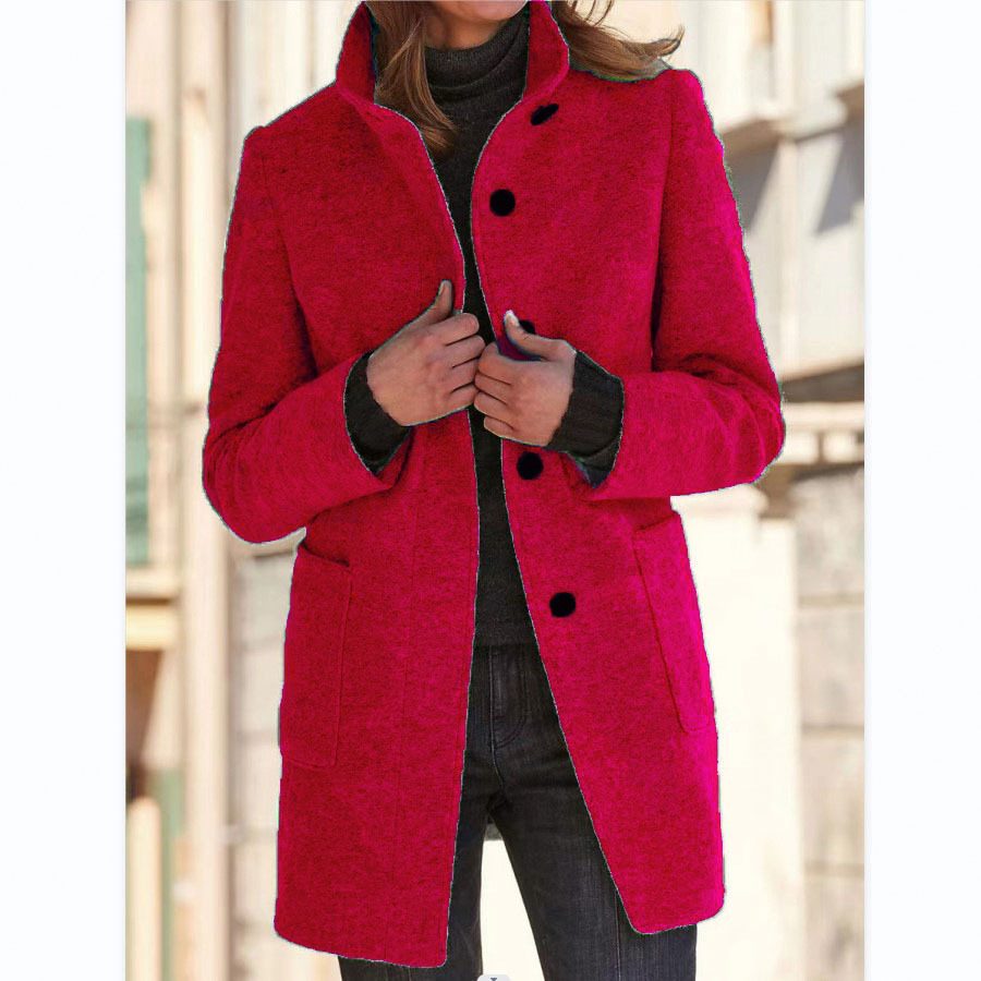 Fashion Stand Collar Woolen Coat With Pockets Fall Winter Casual Button Outwear For Women Clothing – Red