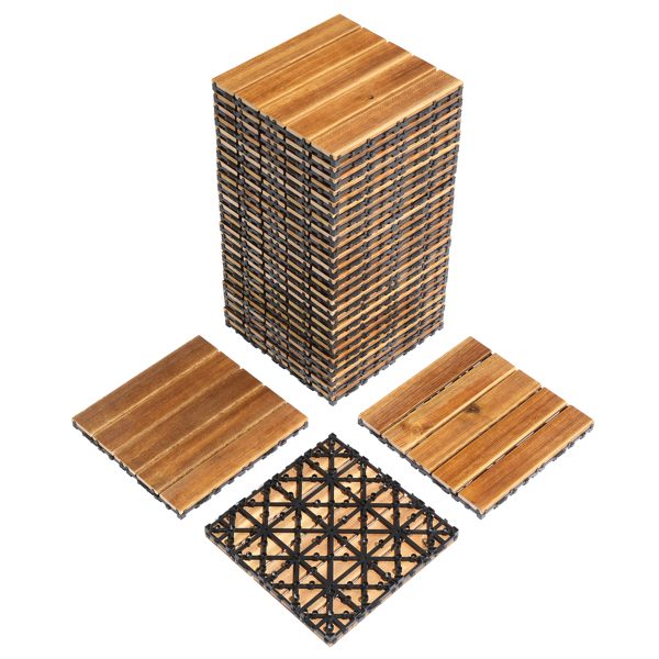 27pcs Wood Interlocking Deck Tiles 11.8x11.8, Waterproof Flooring Tiles For Indoor And Outdoor, Patio Wood Flooring For Patio Porch Poolside Balcony Backyard, Stripe Pattern – Natural Wood