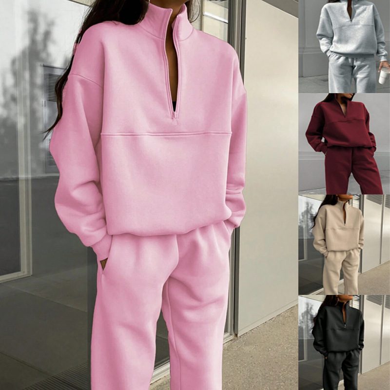 Long-sleeved Sports Sweatshirt Suit Fashion Stand-up Collar Zip-up Top And Elastic Band Trousers With Pocket Srping Fall Clothing For Women – view 10