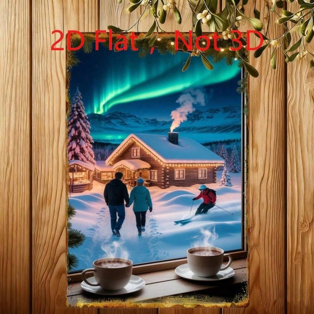 Winter Northern Lights Snow Cabin Couple Skiing Tin Sign, Tin Sign, 2D Flat Art 20x30cm – view 4