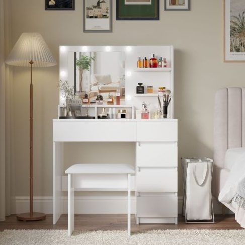 Vanity, Makeup Vanity Desk Set With Mirror & Light, Dressing Table Storage Lots With Power Strip, 3 Lighting Modes With Adjustable Brightness, 37 Inches White With Stool – White