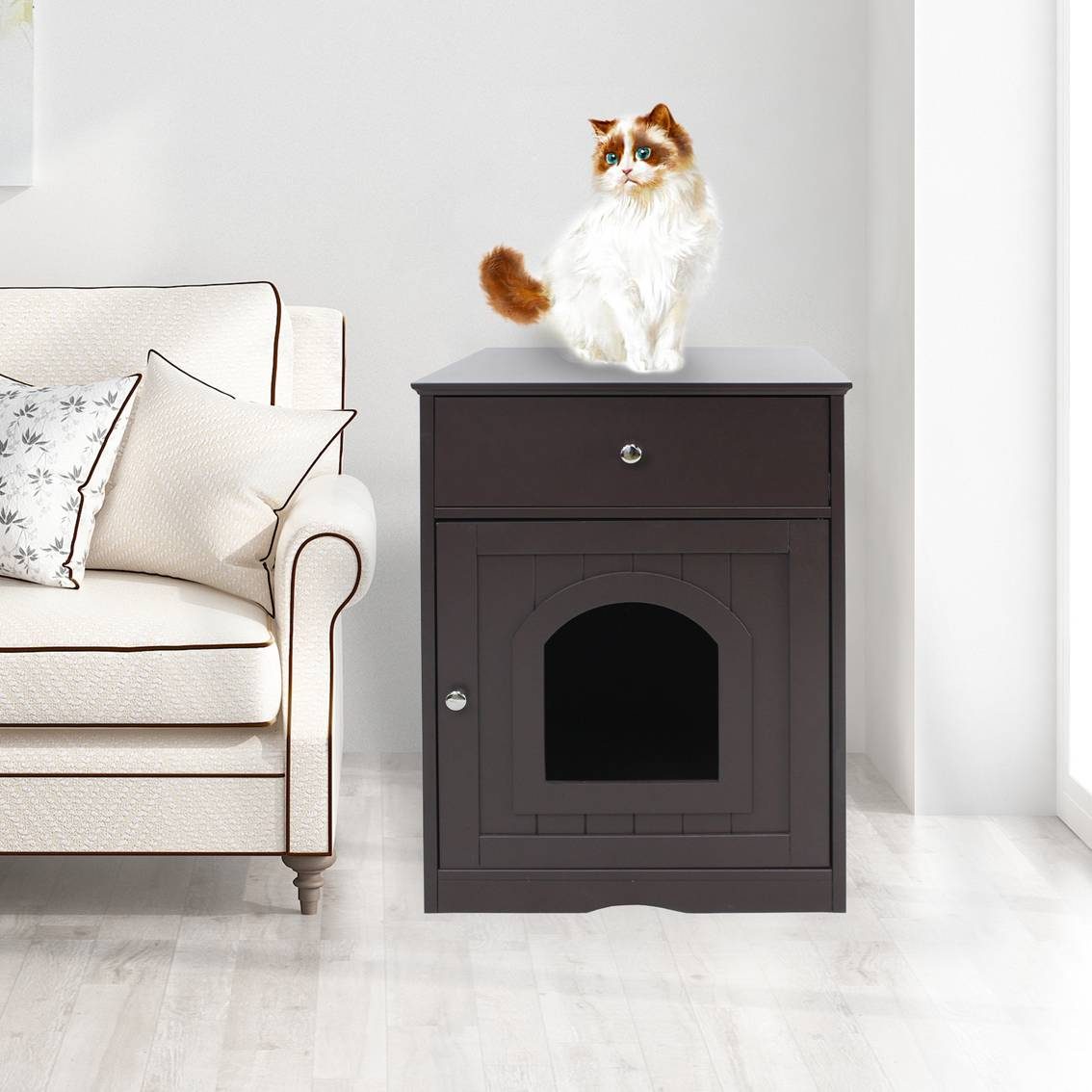 Wooden Pet House Cat Litter Box Enclosure With Drawer, Side Table Indoor Pet Crate – view 4