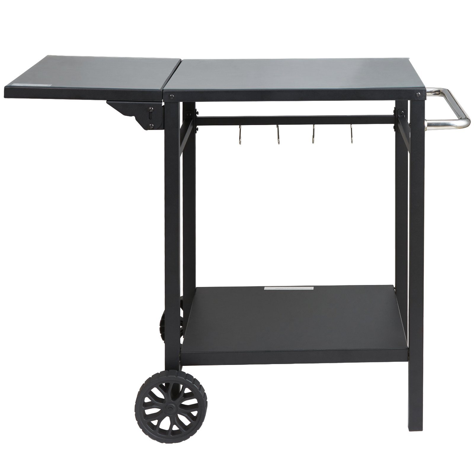 Outdoor Grill Dining Cart With Double-Shelf, BBQ Movable Food Prep Table, Multifunctional Foldable Iron Table Top, Portable Modular Carts For Pizza Oven, Worktable With 2 Wheels, Carry Handle – Black