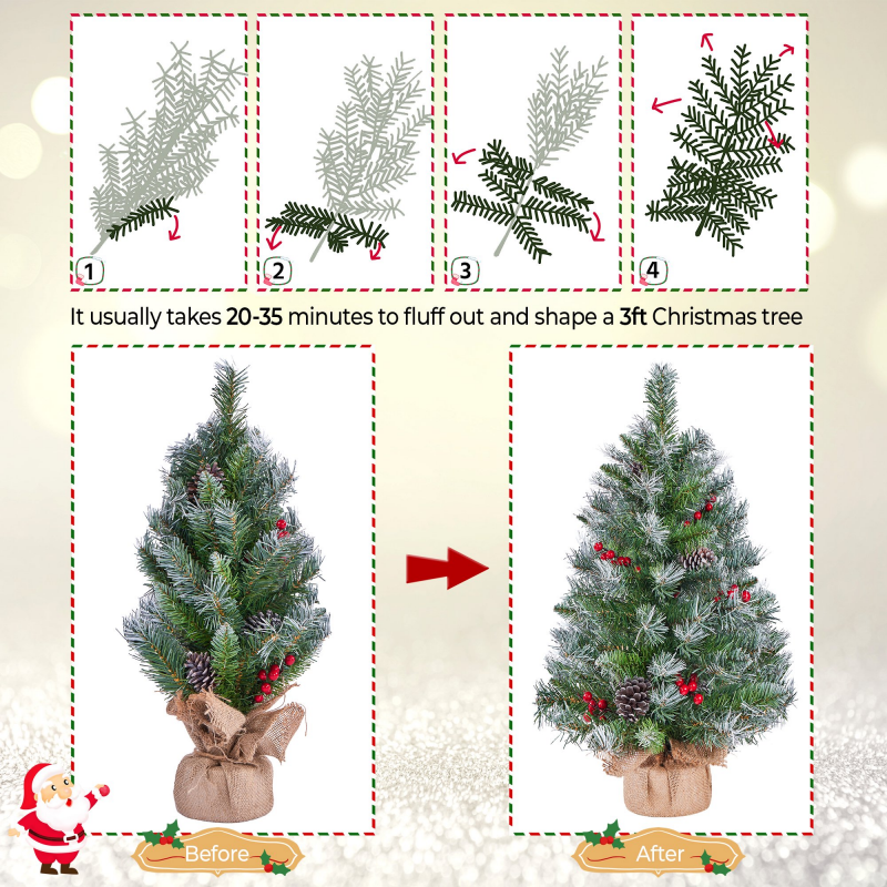 Set Of 2 3 FT Frosted Tabletop Christmas Trees With Warm White LED Lights, Pinecones & Berries, Green – view 2