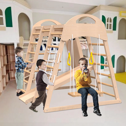 Indoor Playground 7-in-1 Jungle Gym Playset For Kids 2-6yrs - Slide, Climbing Wall, Rope Wall Climber, Monkey Bars, Swing - Waldorf And Montessori Style Wooden Climb Set. – view 7