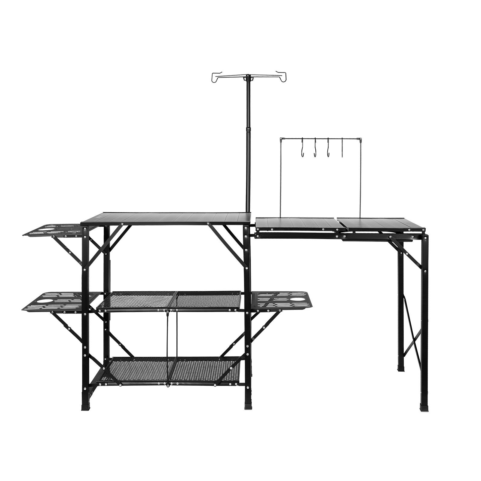 Camping Kitchen Table, One-piece Folding Portable Cook Station With A Carrying Bag, Long Aluminum Camping Table 3 Side Tables, 2 Shelves A Detachable Sink For Outdoor Picnics, BBQs, Camping – Black
