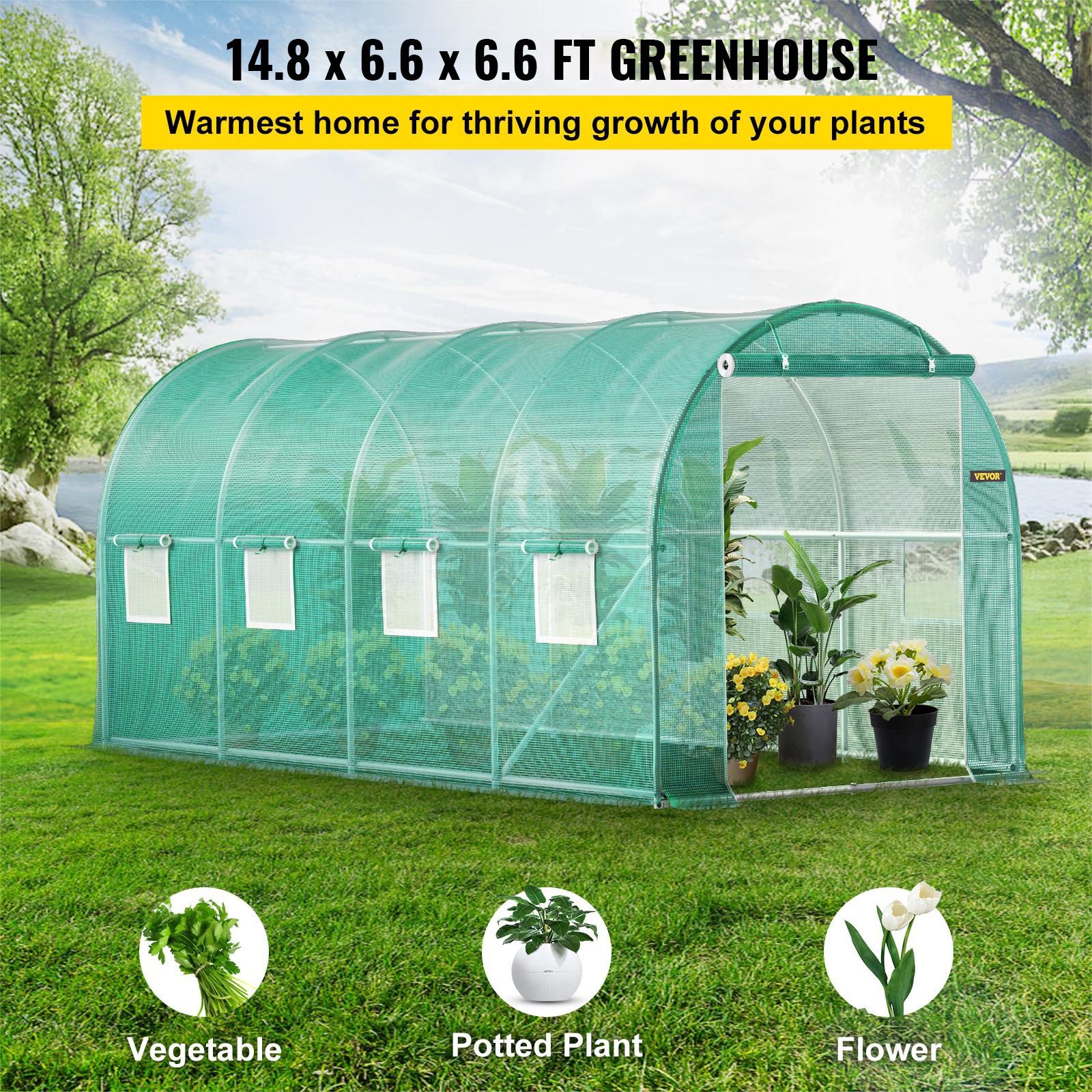 VEVOR Walk-in Tunnel Greenhouse, 15 X 7 X 7 Ft Portable Plant Hot House W Galvanized Steel Hoops, 1 Top Beam, Diagonal Poles, Zippered Door & 8 Roll-up Windows, Green – view 2