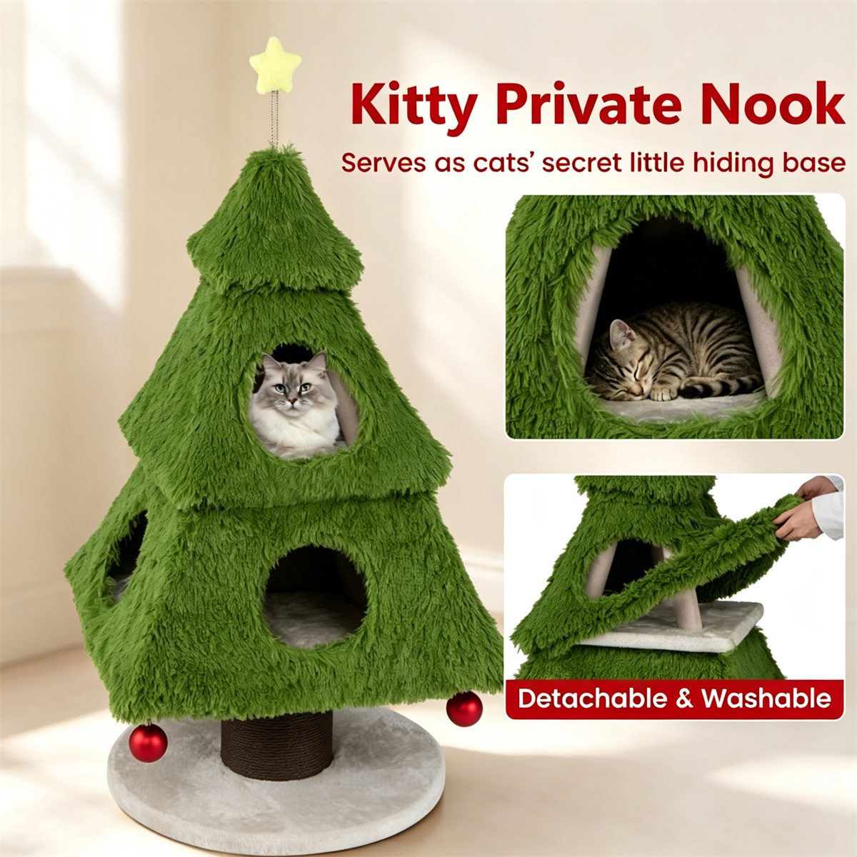 3-Tier Christmas Cat Tree Tower, Stable Pyramid Frame Cat Furniture With Dual Access Condo, Paper Rope Scratching Post, Interactive Star & Dangling Balls – Y