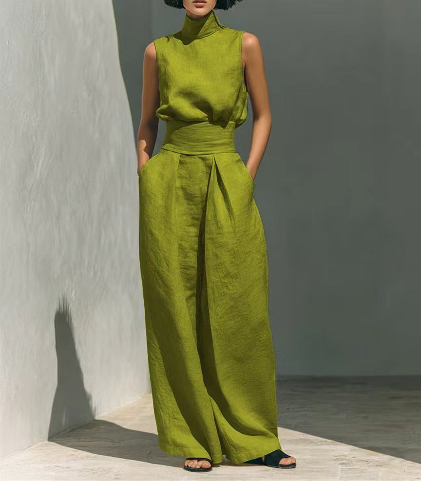 Casual Sleeveless Suit Summer Stand-up Collar Pullover Top And Loose Straight-leg Trousers Women's Clothing – Lemon Yellow